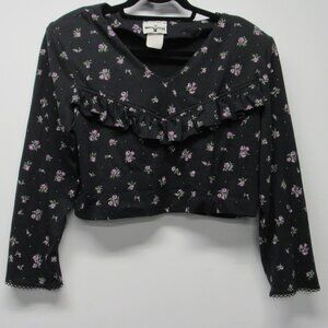 Vtg 80-90s Hocus Pocus California Black Purple Rose Floral Crop Ruffle Shirt M